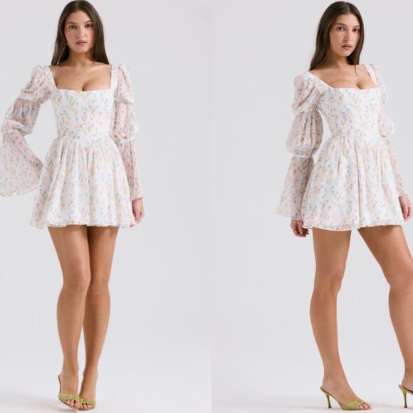 HOUSE OF CB Sancia White Posy Print Puff Sleeve Mini Dress NWOT - Picture 3 of 7
